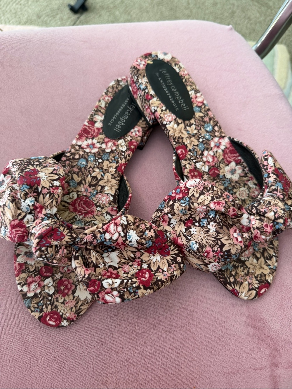 Jeffrey Campbell Floral Bow Slide Sandals - Pink, Brown, Blue
